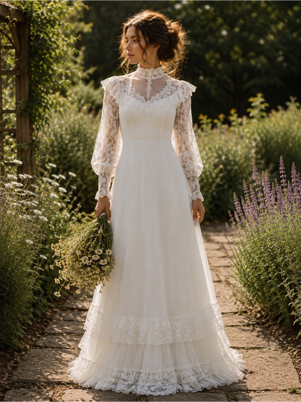 Vintage 70s Prairie Lace Wedding Dress High Neck Sheer Sleeve Train Size XS Boho